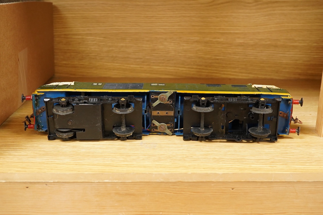 Seven 0 gauge coarse scale LMS and a private owner’s freight wagons, mainly of wood construction, together with the remains of a Tri-ang Big Big Train Class 35 Hymek diesel locomotive (8)